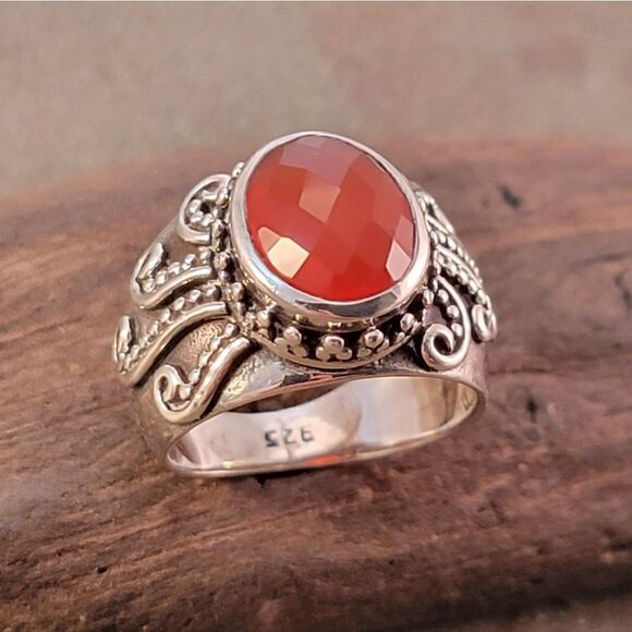 No Brand Jewelry - Red Oval Faceted Carnelian Octopus Tentacles Artisan Sterling Ring